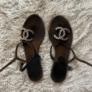 Chanel Black Patent Leather Interlocking CC Ankle Sandals
